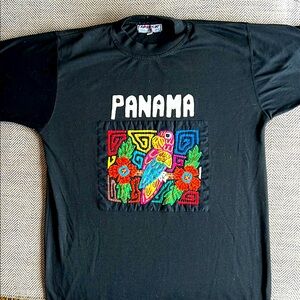 Black Panama T-Shirt with Colorful mola-art-style Embroidery